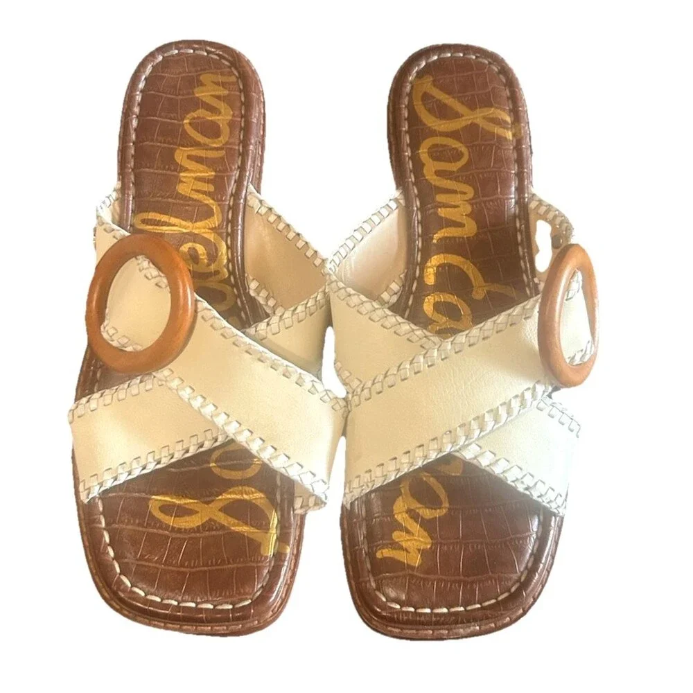 Sam Edelman Harlie Womens 8M Leather Crisscross Ivory Brown Slides Sandals